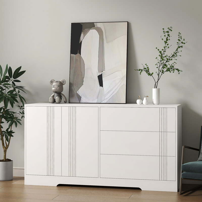 Kitchen Sideboard With Storage - White Cabinet Ample Space Buffet Adjustable Dividers Solution