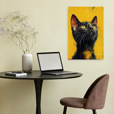Curious Black Cat Gaze Contemporary Cat Wall Art Print 1 Piece Wrapped Canvas Wall Art