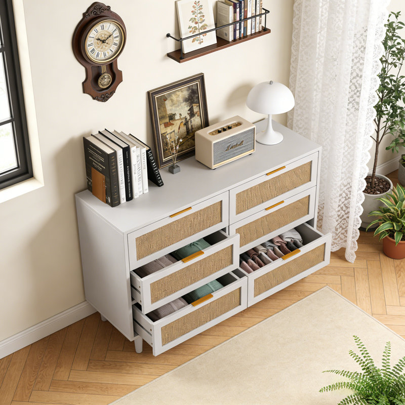 Commode 51,18 "à 6 tiroirs avec armoire de rangement en rotin, pour chambre à coucher et salon, Blanc