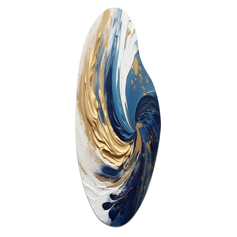 Dark Blue and Gold Spiral IV - Abstract Spirals Curved Metal Wall Art for Living Room, Blue Asymmetrical Metal Art Print