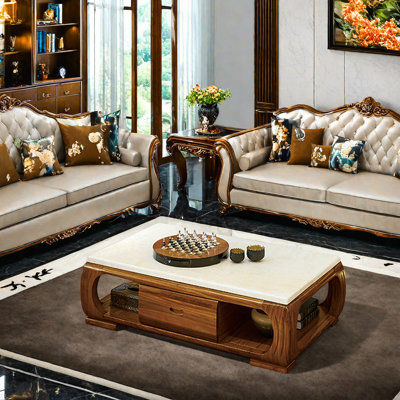 European-style carved natural marble coffee table
