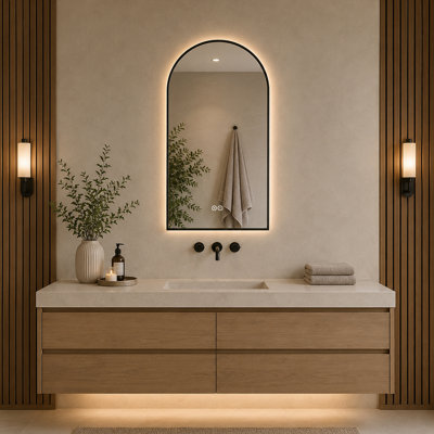 Miroir de salle de bain arqué à DEL avec anti-buée, éclairage 3 couleurs à intensité variable et interrupteur tactile double