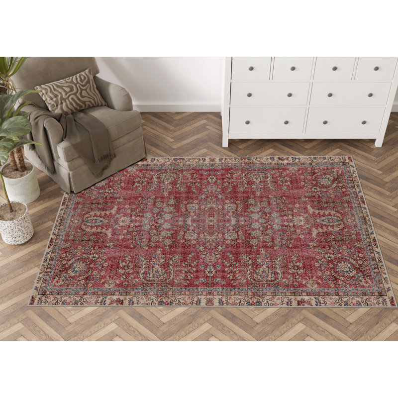 Tapis décoratif rouge à motif floral traditionnel, Rectangle 3 pi 11,24 po x 5 pi 10,87 po