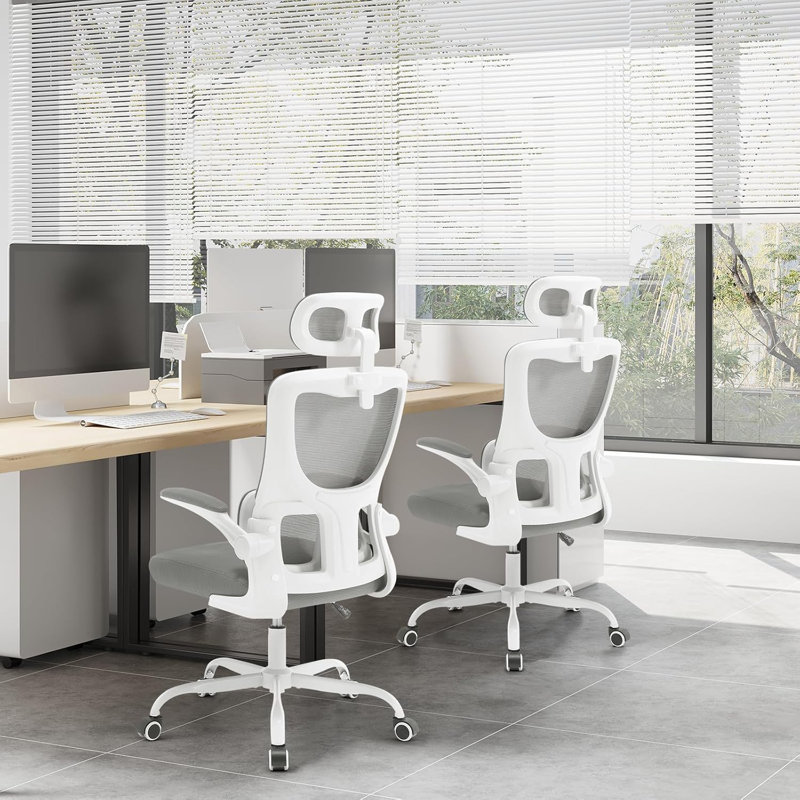 Geralde Mesh Office Chair with Headrest, White, Grey