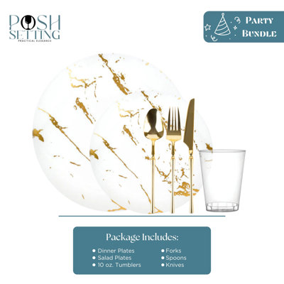 Posh Setting 840 Piece White And Gold Plastic Party Bundle - Stroke (120 Settings)