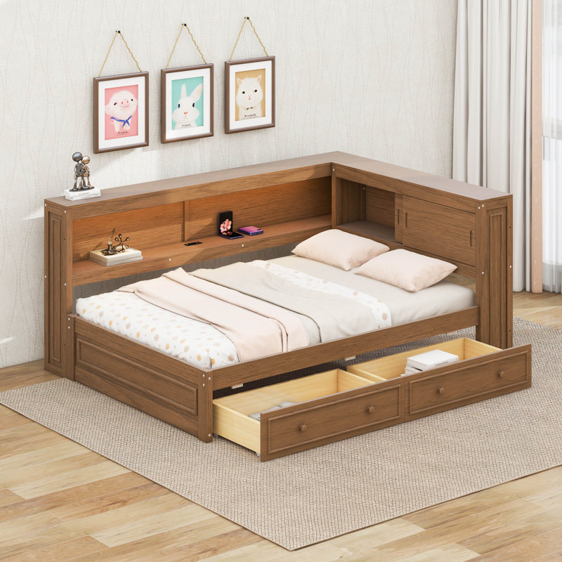 Structure de lit d'angle double en bois avec tablettes de rangement et portes coulissantes, structure de lit d'angle double avec 2 tiroirs, lumières DEL
