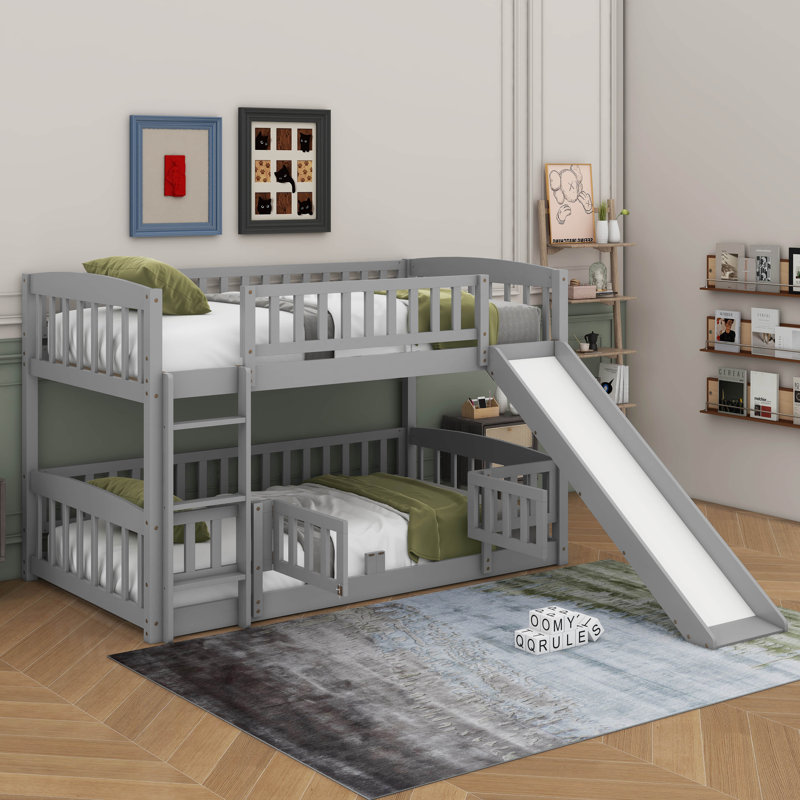 Lit superposé simple au-dessus de simple avec clôture, échelle et glissoire pour enfants adolescents, Gris
