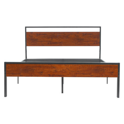 Cadre de lit en métal King Size avec tête de lit et espace de rangement en dessous, hauteur de 35,5 cm, structure en acier, insonorisé, tête de lit marron vintage, design noir, capacité de charge de 454 kg, idéal pour la chambre
