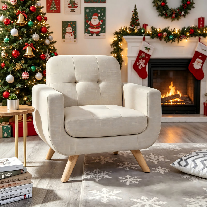 Chaise d'appoint compacte avec pieds en bois massif, fauteuil rembourré en lin à haut dossier - Canapé simple peu encombrant pour les petits salons
