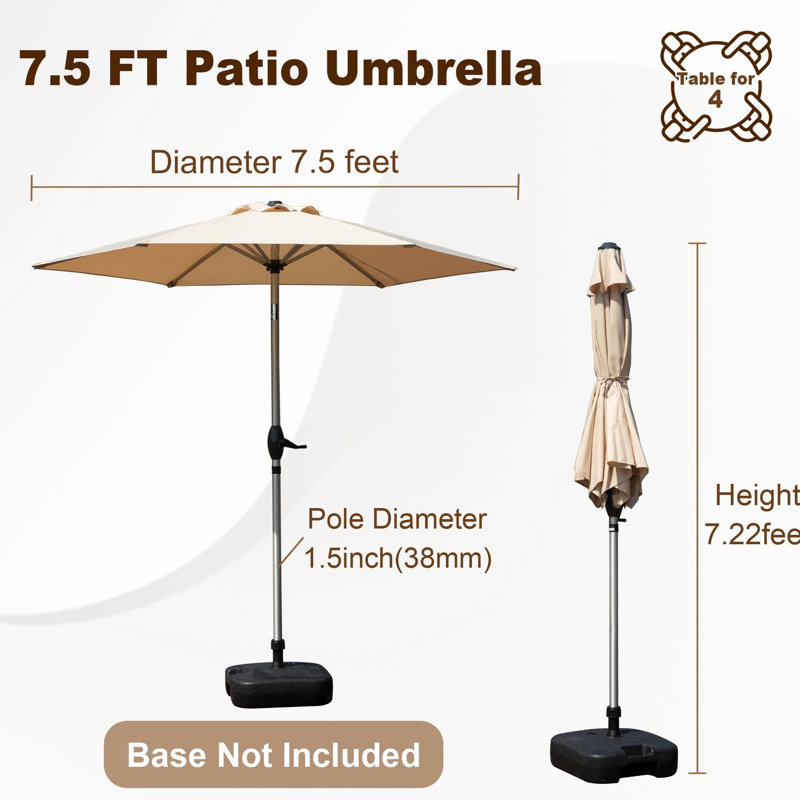 Parasol de table d'extérieur 7,5 pi - beige, construction Water 6, pour patio, piscine, jardin, protection contre le soleil, imperméable, cadre avec 6 nervures, cour arrière, jardin, terrasse