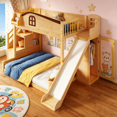 Lit superposé simple au-dessus de double avec escalier de rangement, tablette, glissoire et garde-robe pour un espace et un plaisir maximisés