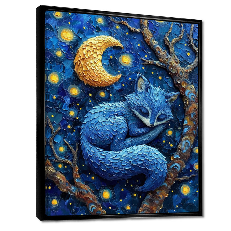 Mignon renard bleu dormant sous la pleine lune, H 40 po x l 30 po x P 1,5 po, Cadre flottant noir