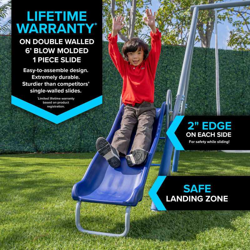 Blue Metal Swing Set with LED Swings and Wave Slide
