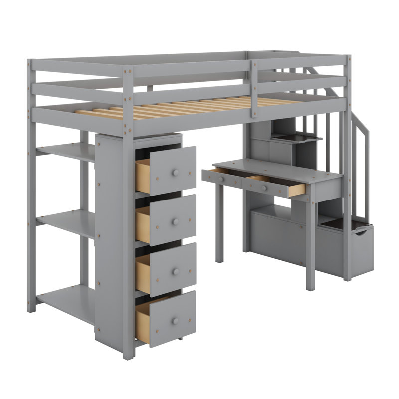 Loft Bed With Storage Drawers ,Desk And Stairs, Wooden Loft Bed With Shelves, Gray