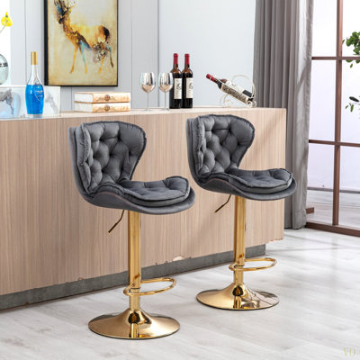 Ensemble de 2 tabourets de bar avec repose-pieds chromé et base pivotante à hauteur réglable en velours