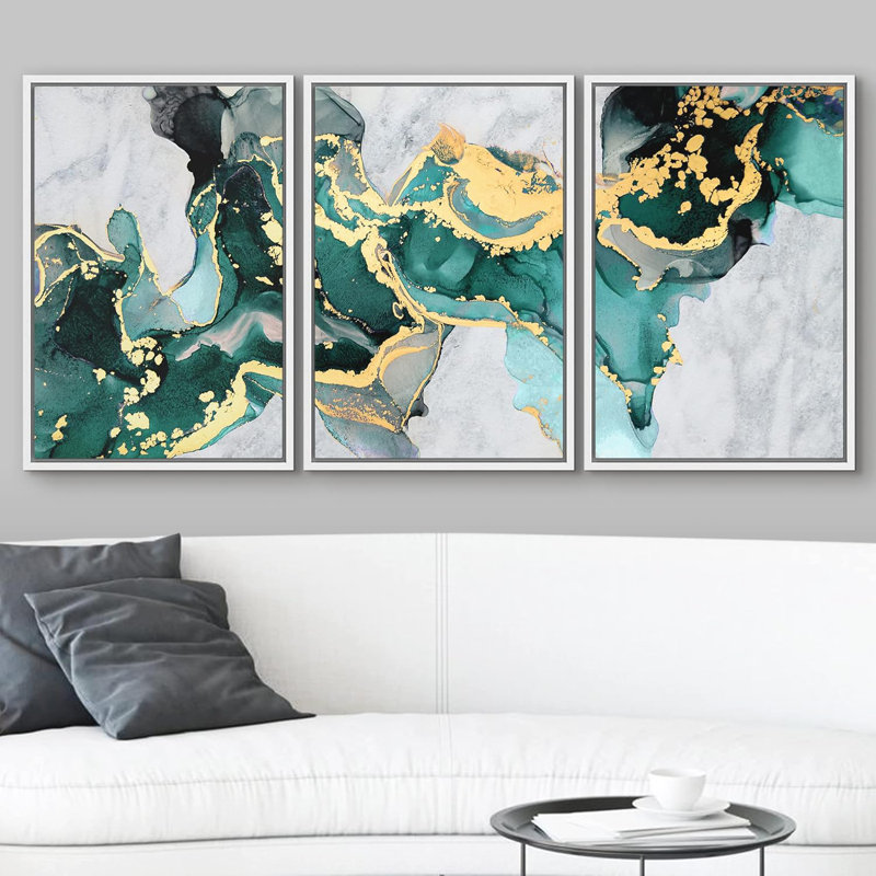 Soleil et lune, géométrique, bleu sarcelle, vague de fumée, paysage, formes abstraites, illustrations, art moderne, décor