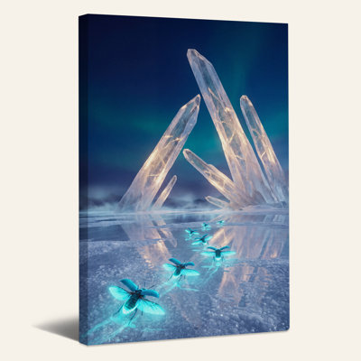 Glowing Crystal Cluster and Blue Beetles Canvas Wall Art