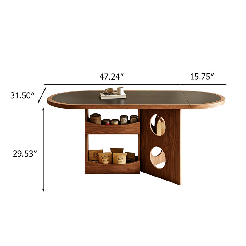 Table de salle à manger ovale brune en fritté avec compartiment de rangement latéral, H 29,53 po x l 62,99 po x P 31,5 po