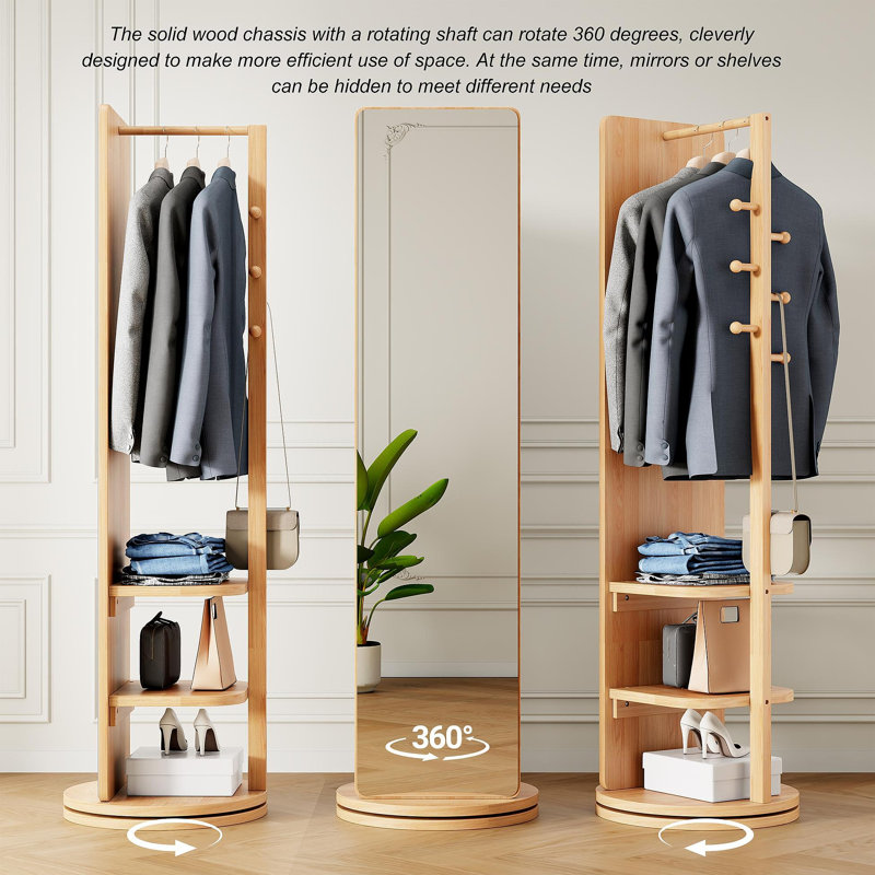360° Rotating 69"x20" Multifunctional Full Length Mirror with Hook Storage Rack Coat Rack with Mirror Solid Wood Floor Mirror Bedroom Living Room Cloakroom Space Saving (natural wood)