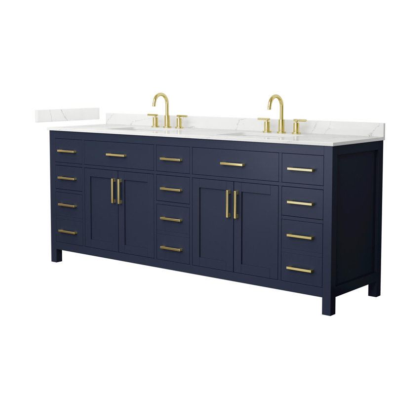 Beckett 84" Freestanding Double Bathroom Vanity with Quartz Top, Brushed Gold, Giotto Quartz, Dark Blue