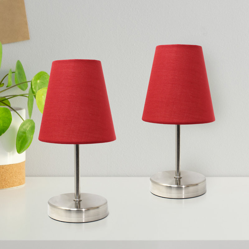 Amandev Simple Designs Sand Nickel Mini Basic Table Lamp with Tapered Fabric Shade, Red