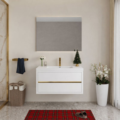 Meuble-lavabo mural 42 po avec lavabo, meuble de rangement flottant pour salle de bain avec comptoir en résine de pierre et tiroirs à fermeture en douceur entièrement assemblés