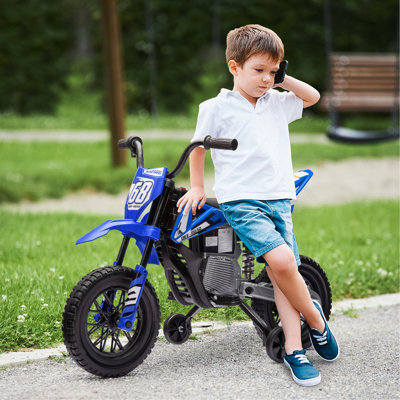 Kids Dirt Bike with Twist Grip Throttle, 12V Electric Motorcycle, Electric Bike for Toddler with Training Wheels, Rear Suspension & Music, Blue