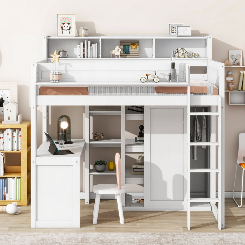 Lit mezzanine en bois avec plusieurs tablettes de rangement et garde-robe, Gris