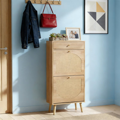 Rattan Shoe Cabinet, Slim Shoe Storage For Entryway, Boho 2 Flip Drawer Organizer With Top Drawer, Narrow Hidden Storage, Oak, 21.3X9.4 Inch
