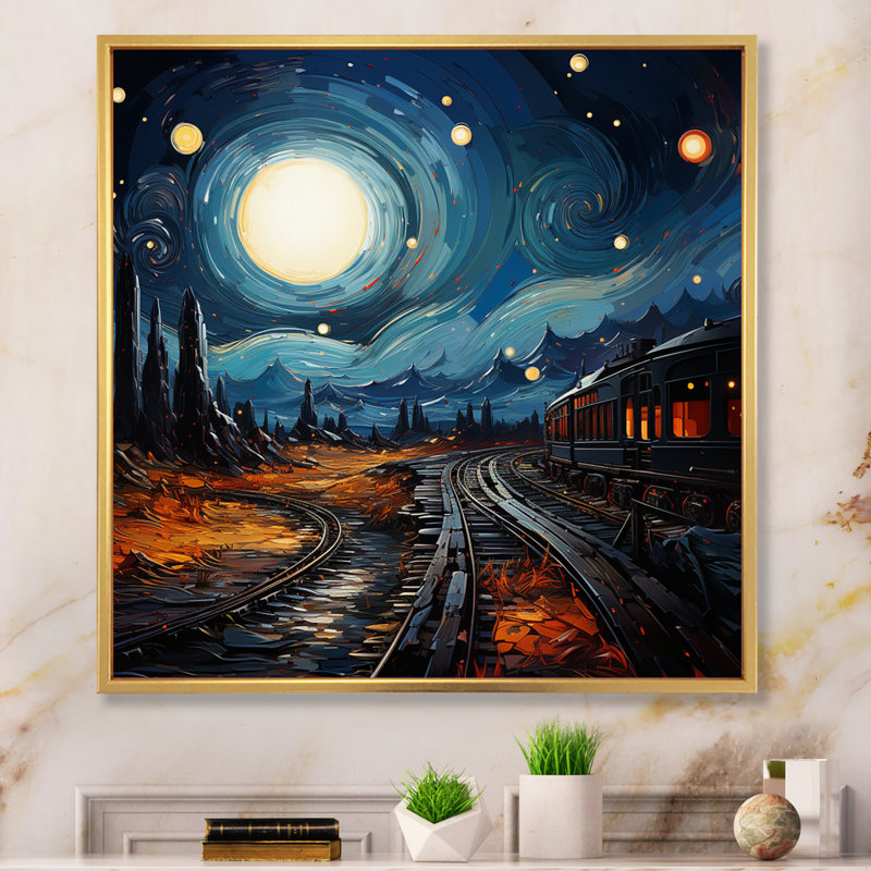 Blue Train Rails By Vincent II - Transportation Canvas Prints, H 36 po x l 36 po x P 1,5 po, Encadrement doré
