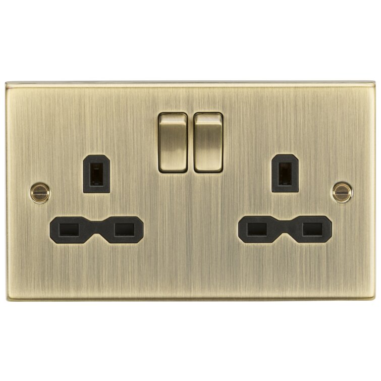 13A 2G DP Switched Socket with Twin Earths - Antique Brass with Black Insert