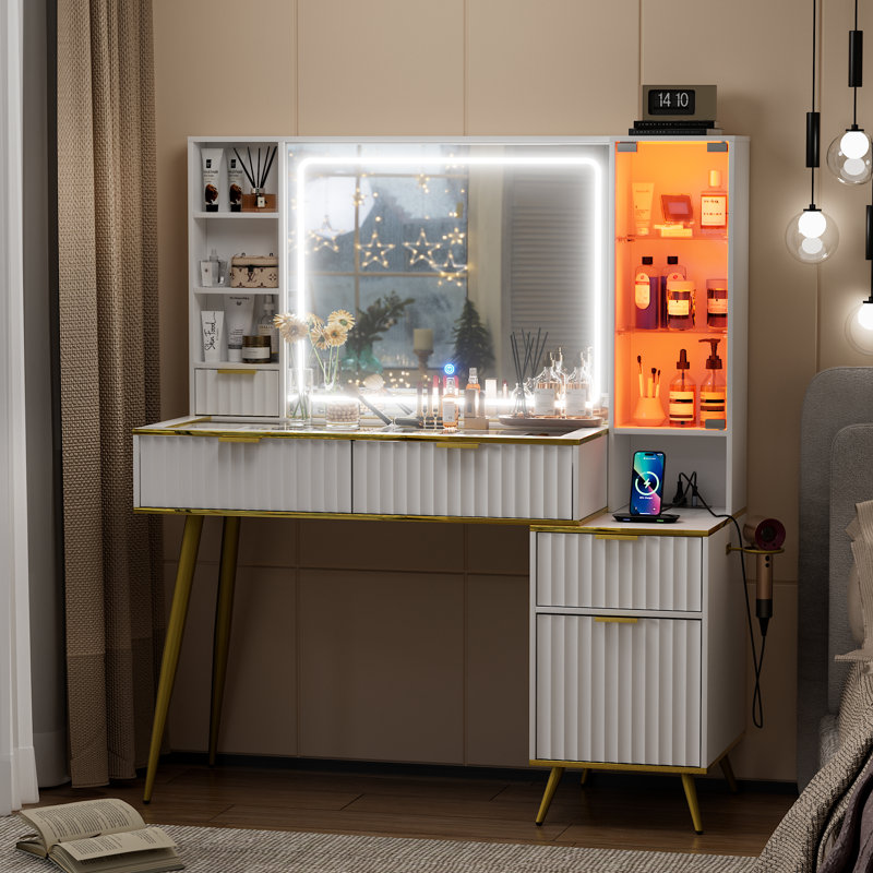 Meuble-lavabo cannelé 47 po avec miroir éclairé, coiffeuse avec table et plateau en verre