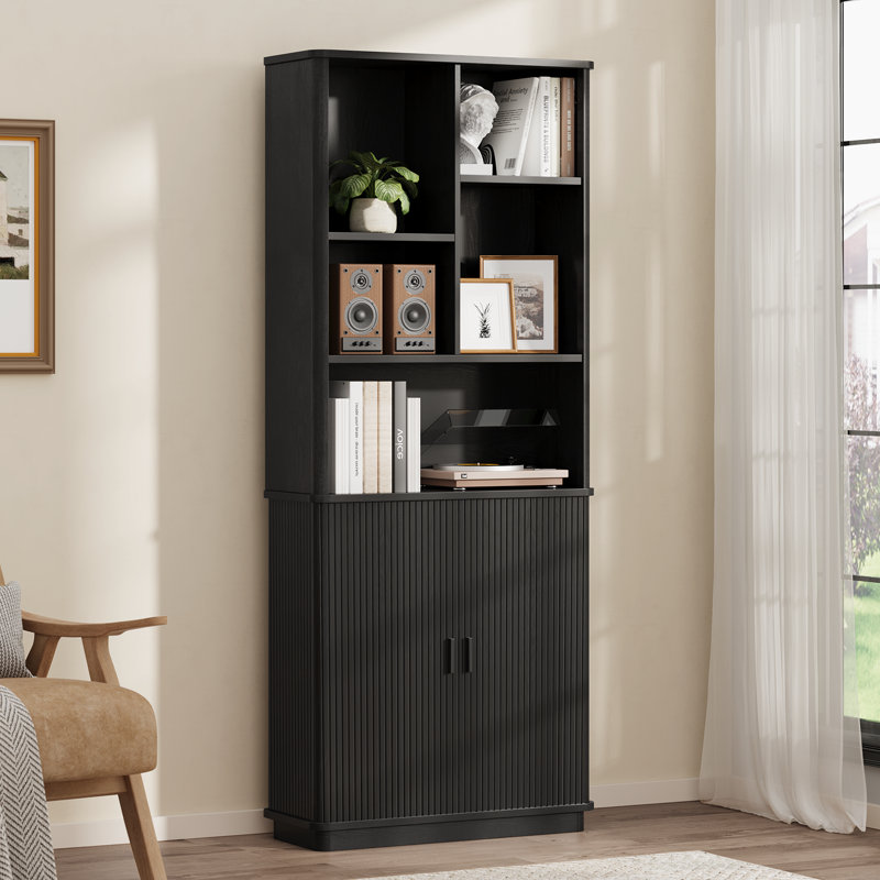 71” Tall Bookshelf With Hidden Storage Cabinet, Mid-Century Home Office Tall Bookcase With Adjustable Shelves, Black