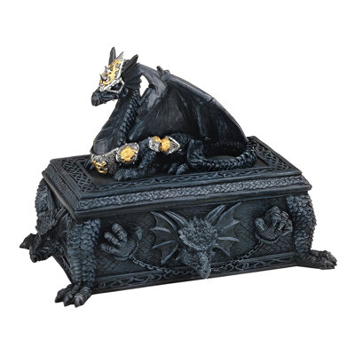 7.25"W Black Dragon Guarding Trinket Box