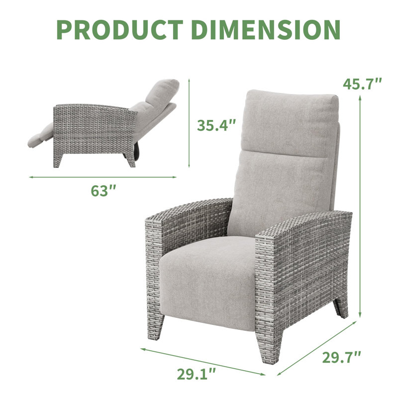 Fauteuil inclinable d'extérieur en osier avec dossier et repose-pieds réglables, fauteuil de patio avec table rabattable et coussin, structure en acier