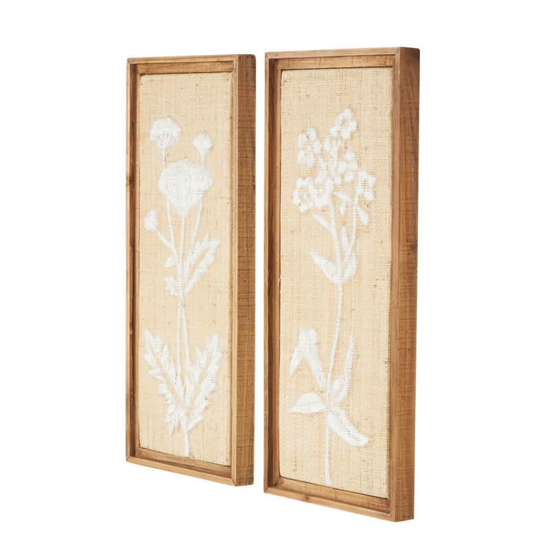 Wood Textured Floral Cream Wall Decor with White Painted Accents Set