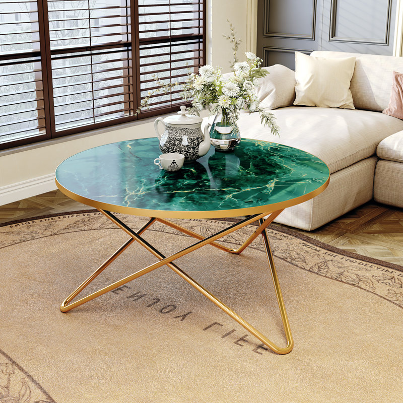 Table de bout ronde 31,49 po avec plateau en faux marbre moderne pour le salon ou le bureau, Vert