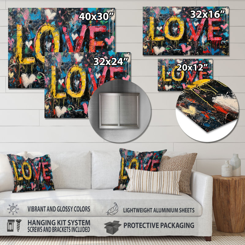 Love Pop Art Graffiti Artwork - Pop Art Wall Art Living Room, H 30 po x l 40 po x P 1,5 po, Métal métal