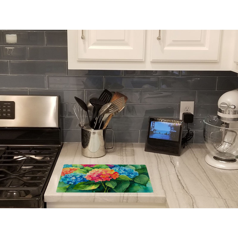 Hydrangeas in Watercolor Glass Cutting Board Large
