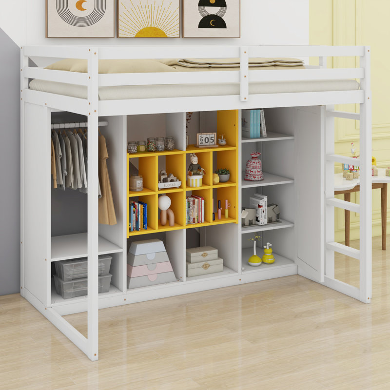 Lit mezzanine en bois avec garde-robe, tablettes et armoire, Blanc / jaune, Lit simple