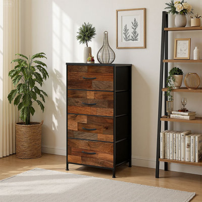 4 Drawer Vertical Storage Dresser Marr n fondo de madera with Wood Top Fabric Pull Drawers