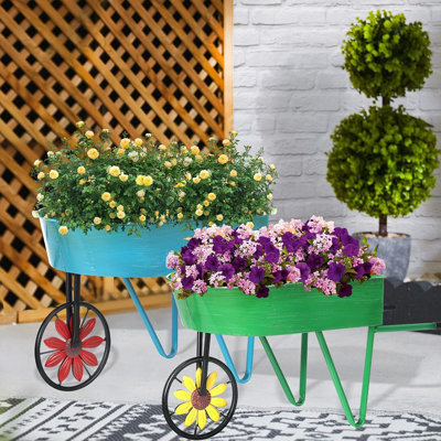 Metal Wheelbarrow Flower Cart Planter, 2 Packs Plant Stands With Triangular Support Handles Non-Rolling Wheel Vintage Wagon Planter Pots For Home Patio Garden Backyard Rustic Outdoor Decor