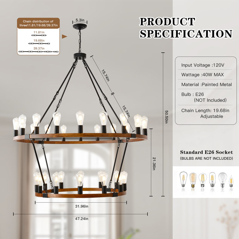32-Lights Farmhouse Wagon Wheel Chandeliers, Rustic Round  Pendant Light Fixture