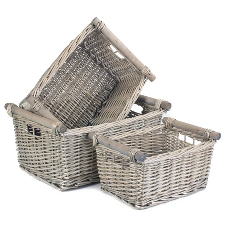 Wicker 3 Piece Wooden Handled Storage Basket Set