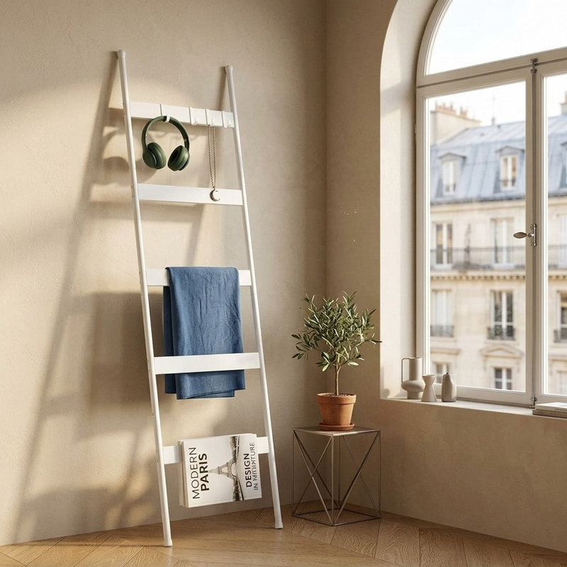 5-Tier Rustic Towel & Blanket Ladder with Wood Grain Accents, White