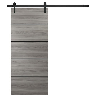 Porte de grange robuste avec quincaillerie Planum 0015 Ginger Ash, supports de rail de 2 m (6,6 pi), porte intérieure moderne à panneaux pleins - 81 cm x 203 cm (32 po x 80 po) - Rail noir