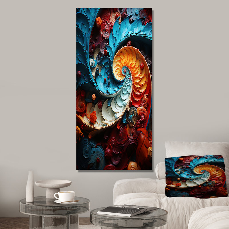 Orange et bleu, spirale fractale abstraite - art mural spirales, Toile tendue, H 32 po x l 24 po