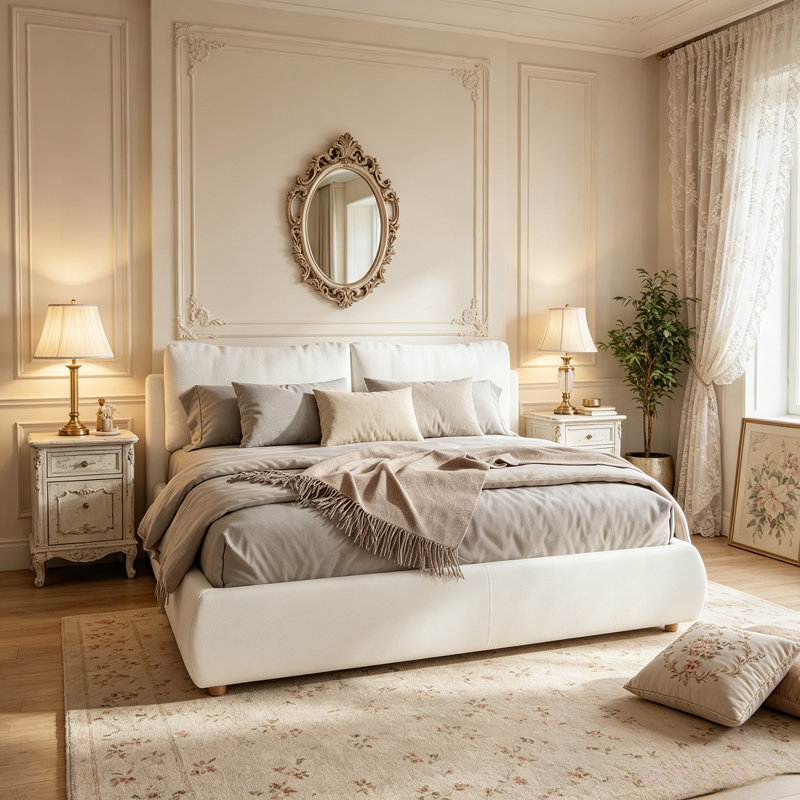 Structure de lit plateforme tapissier avec tête de lit amovible, tissu bouclé, aucun sommier nécessaire, Beige, Queen