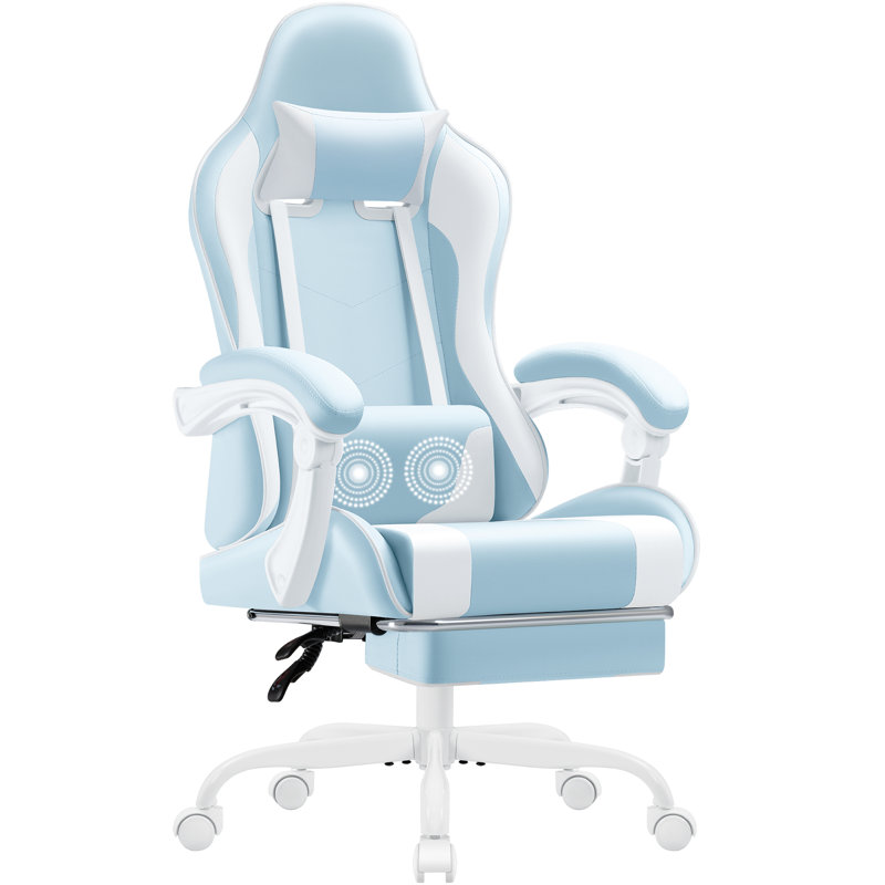 Adjustable Video Gaming Chair with Massage Swiveling PC & Racing Game Chair with Footrest, Sky Blue/White
