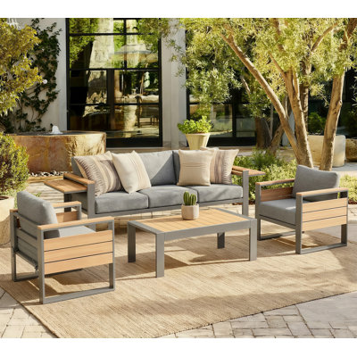 Aluminum Patio Furniture Set, 5-person Outdoor Sectional Sofa With Coffee Table, Shiny Powder Coated Patio Conversation Sets With 5" Thick Cushion & Wide Armrest For Yard, Deck